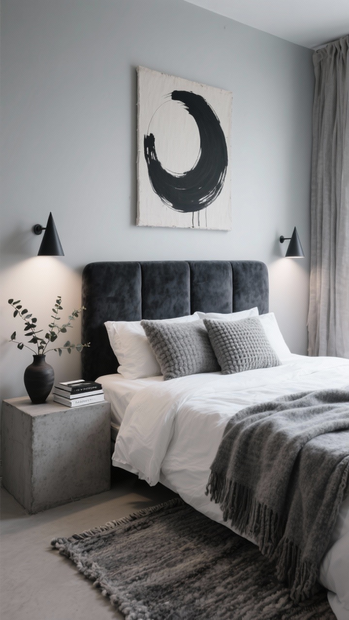 Medium straight-on shot, Moonlit Minimal: a serene boho-minimalist bedroom vignette with a charcoal velvet headboard against pale grey walls, crisp white linen bedding topped by a heathered grey throw; sculptural cone sconces flanking the bed creating moody, directional light; microcement nightstand with a black clay vase holding eucalyptus and a small stack of monochrome books; thick handwoven grey wool rug peeking at the bedside; bouclé pillows, waffle-knit blanket texture visible, linen curtains pooling slightly; oversized black-ink abstract on raw canvas above; palette of charcoal, pearl grey, and white; gallery-like calm; photorealistic.