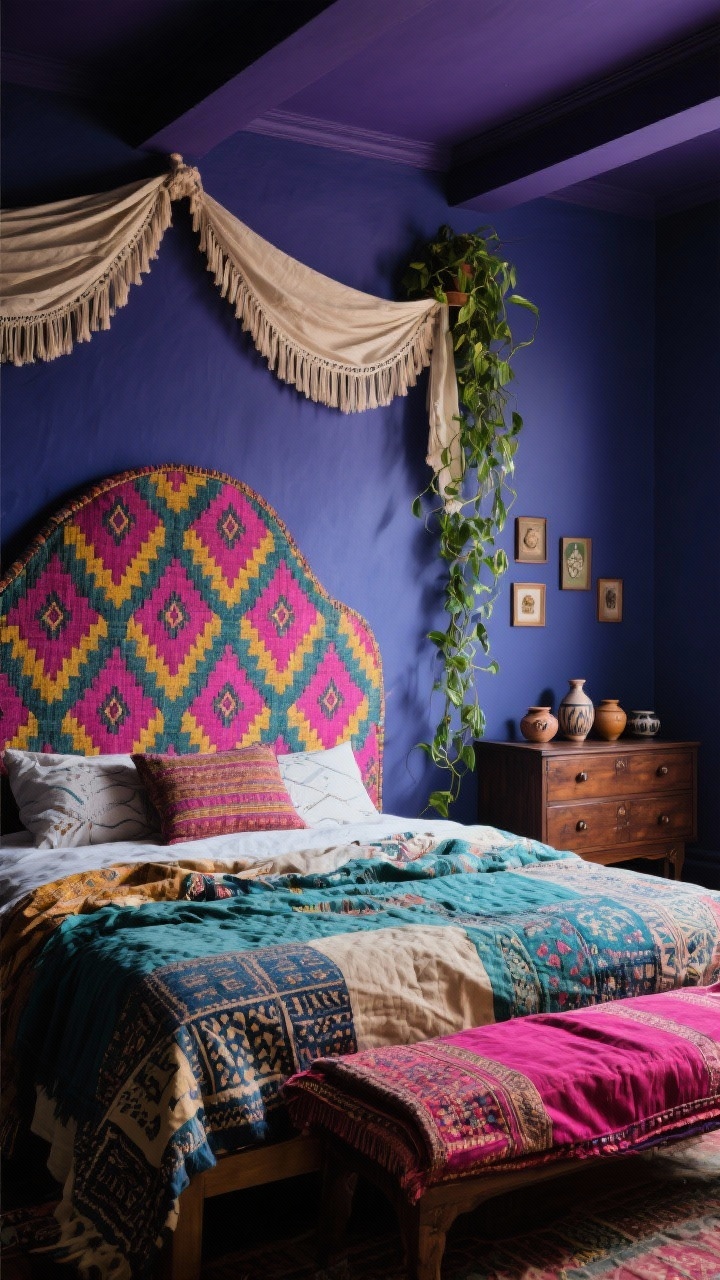 Medium-to-wide shot, slightly off-center angle: Moody maximal boho bedroom with a deep indigo-purple accent wall. Upholstered headboard in vintage kilim fabric featuring fuchsia diamonds, saffron zigzags, and hints of teal. Layered bed linens: block-printed quilt, mismatched shams, and a magenta kantha folded at the foot. Dark mango-wood dresser displaying a small gallery of pottery and a trailing pothos plant. A light, tasseled canopy draping from above to soften the ceiling line. Palette: indigo, magenta, saffron, teal, walnut. Photorealistic, low moody lighting with rich jewel-toned saturation.
