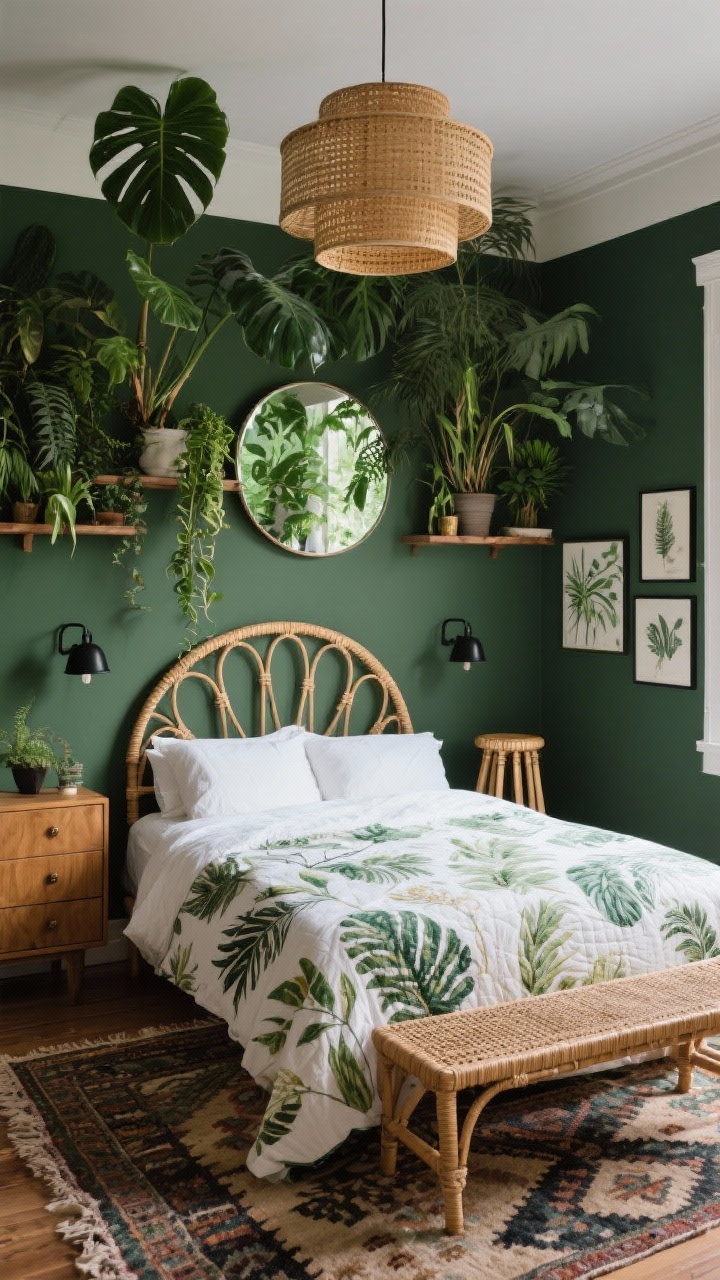 Medium-wide corner angle: A jungle-boho bedroom painted deep olive green featuring a rattan arched headboard; crisp white sheets topped with a botanical-print quilt; black metal sconces flanking the bed for a modern edge; overhead rattan drum light; lush plant cluster at varying heights—monstera, pothos, trailing fern—on bamboo stools and wall shelves; a vintage kilim rug on the floor; cane-front dresser and botanical art prints in view; a mid-century woven bench at the foot and a large round mirror reflecting greenery. Photorealistic, moody, layered foliage, soft diffused lighting.