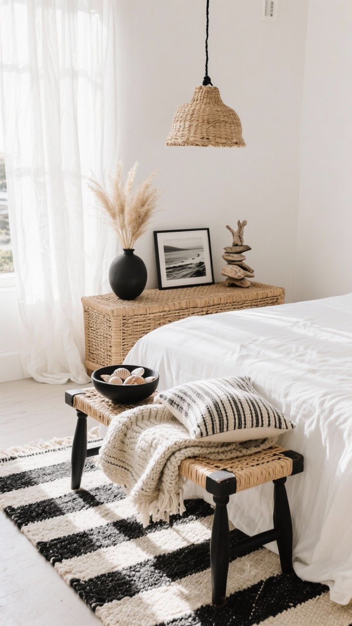 Overhead detail, Coastal-Boho Monochrome Escape: A sun-washed, breezy flat-lay/overhead slice at the foot of a white slipcovered bed with relaxed linen. A black spindle bench anchors the scene; across the floor lies a striped black-and-white flatweave rug. Airy white gauze curtains diffuse warm daylight at the edge of frame. On rattan/cane nightstand surface: stacked seashells in a matte black bowl, a small driftwood sculpture, and a monochrome coastal photograph. A chunky knit throw and a striped lumbar pillow rest on the bench, with a matte black vase holding dried grasses nearby. Woven raffia pendant with black cord slightly visible above casting soft, coastal glow. Bright, natural lighting; crisp textures and gentle shadows.
