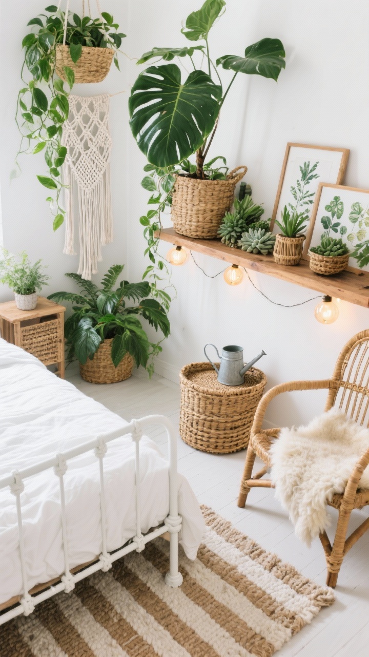 Overhead detail shot, Eclectic Plant Sanctuary styling: pure white duvet on a white metal bed frame edge visible; white-and-natural striped rug beneath; a cluster of lush greenery—hanging pothos in macramé, tabletop succulents arranged on a floating wood shelf, and the top leaves of a tall fiddle-leaf fig in a wicker basket entering frame; a rattan accent chair edge with a sheepskin throw; botanical prints partially visible; a small watering can used as decor on the shelf; warm globe string lights creating a soft glow; palette of bright white, natural wood, woven straw, and vibrant greens; textures of cotton, rattan, cane, and leafy plants; photorealistic, bright natural light with gentle ambient glow.