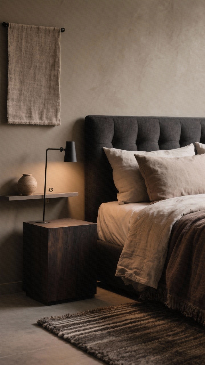 Photorealistic detail closeup, “Earthy Monochrome Sanctuary”: moody warm greige wall behind a charcoal upholstered headboard; bedding layered in tonal mushroom, taupe, and espresso; heavy cotton coverlet texture visible against breathable linen pillowcases; edge of a thick low-pile wool rug with subtle stripe peeking at the bedside; dark wood cube nightstand with clean surfaces; slim black metal sconce with dimmer casting warm, focused evening light; a tonal textile wall hanging partially in frame and a single hand-thrown ceramic on a floating shelf; intimate, refined mood; close, shallow depth of field highlighting textures.