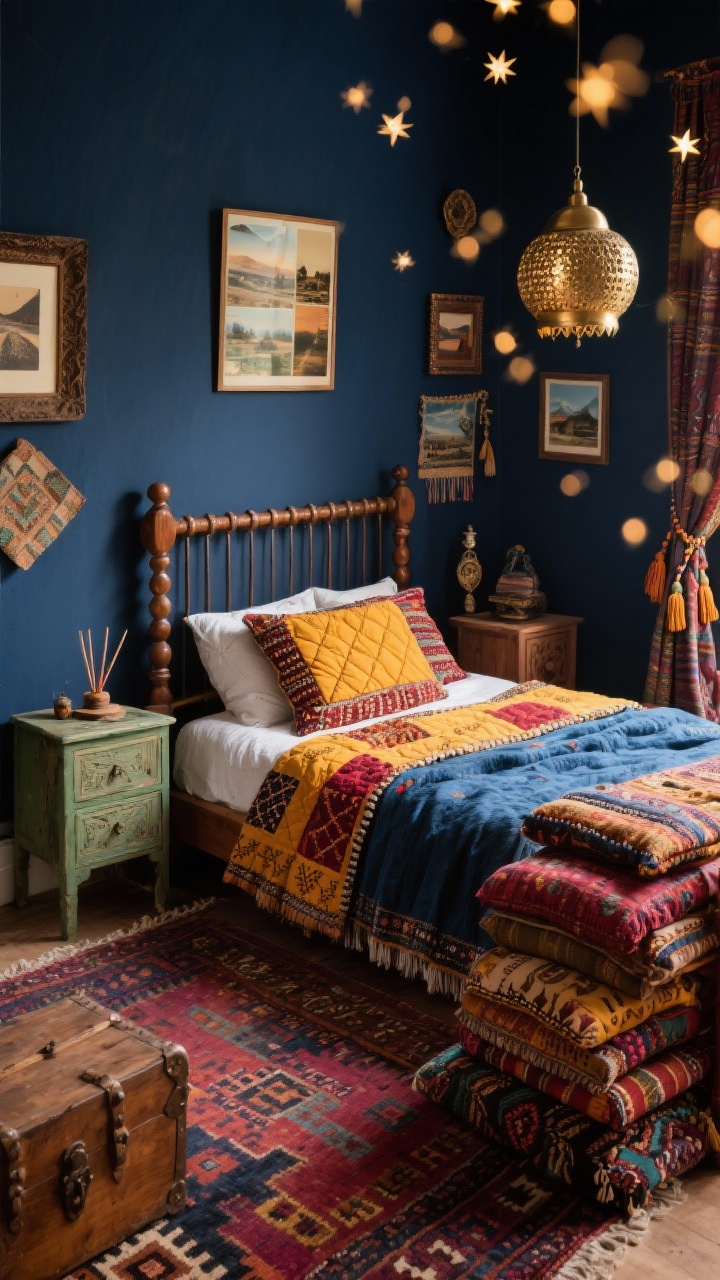 Photorealistic detail/overhead vignette, “Global Nomad With Inky Walls & Collected Finds”: inky navy wall background; walnut spindle bed edge with layered block-printed quilts in marigold, oxblood, and ultramarine, plus a hand-embroidered kantha throw; mismatched vintage nightstands (one olive-painted, one raw wood) partially in frame; pierced brass pendant scattering starry light bokeh; slightly askew Kilim rug in rich jewel tones beneath; gallery wall glimpse with textiles, travel photos, and small talismans in thrifted frames; carved trunk corner with incense and folded quilts; beaded tassels on curtain tiebacks and stacked patterned floor cushions; warm, eclectic, storied mood.