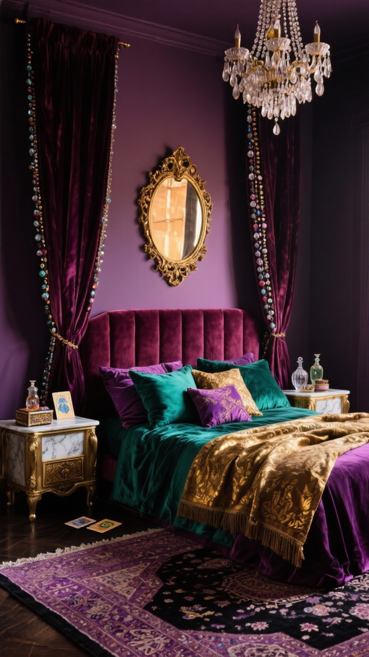 Photorealistic dramatic wide shot, “Gilded Gypsy Glam With Moody Jewel Tones”: eggplant walls; tall upholstered headboard in merlot velvet; bed piled with silk pillows in emerald and amethyst and a gold-threaded Moroccan blanket; antique brass nightstands with marbled tops on both sides; cascading beaded chandelier sparkling overhead; layered rugs: black vintage Persian atop a larger mauve flatweave; ornately framed antique gold mirror reflecting warm light; cut-crystal trinket boxes, vintage perfume bottles, and tarot cards styled on a nightstand; floor-to-ceiling velvet drapes slightly pooled; sultry, cinematic lighting with rich highlights and shadows, straight-on composition.