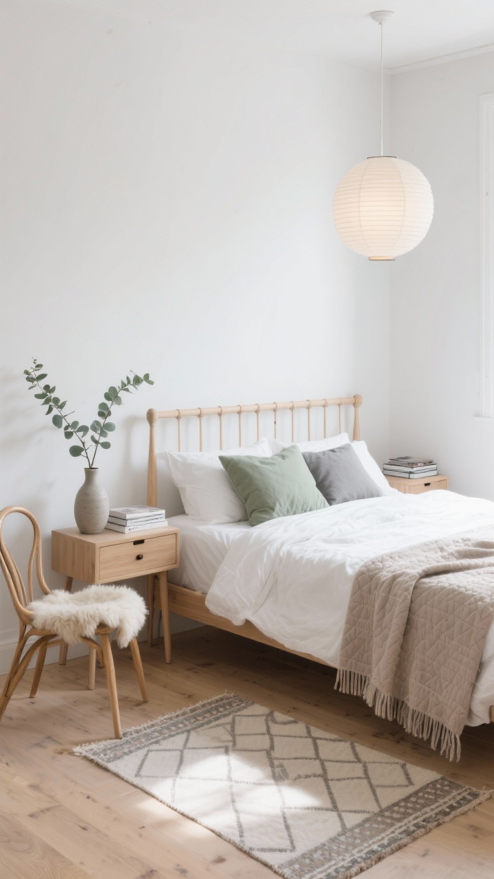 Photorealistic medium corner view, “Scandinavian-Boho Breeze”: soft white walls, light oak floors; pale wood spindle bed layered with crisp white percale sheets and a lightweight taupe quilt; nightstands with slim tapered legs; minimalist paper lantern overhead for a soft glow; gentle sage and graphite accents via pillows and one throw; bentwood chair with a small sheepskin draped over it; stoneware carafe and a stack of design books on the nightstand; single eucalyptus branch in a matte vase; flat geometric kilim runner at the foot of the bed; clean, airy vibe; diffused morning light; slightly angled corner perspective for visual lightness.