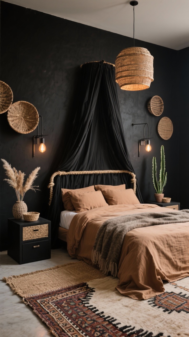 Photorealistic medium shot, “Desert Noir With Woven Textures”: matte black walls; rope-wrapped canopy bed draped with gauzy black muslin; camel-colored linen bedding with a wool throw in desert clay; layered floor rugs: a flatwoven jute rug overlapping a smaller Moroccan Beni Ourain rug; simple black cube nightstands topped with woven baskets instead of drawers; asymmetrical arrangement of woven wall baskets above the bed; iron sconces with warm Edison bulbs and a woven drum shade overhead; a tall sansevieria in a textured pot and a dried pampas arrangement; minimal yet soulful mood, straight-on view.