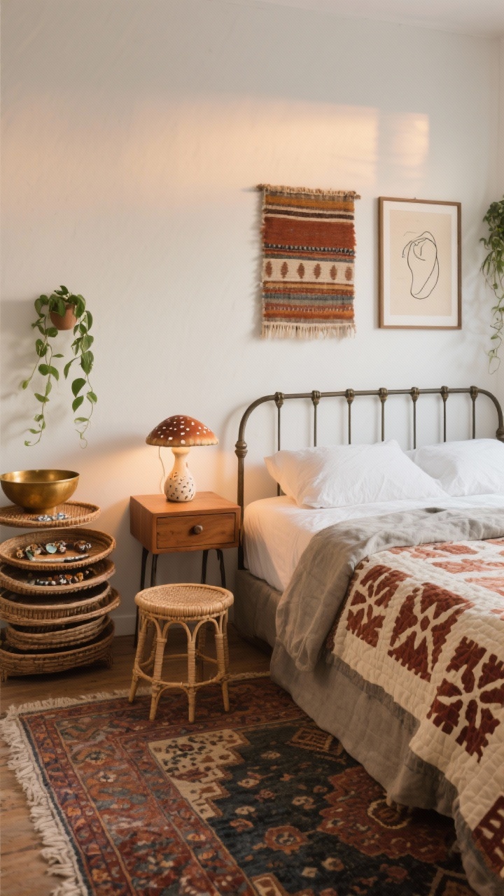 Photorealistic medium vignette, “Vintage-Modern Boho Mix”: warm white wall backdrop with a slim-line wrought iron bed; stone linen sheets topped by a block-printed quilt in earthy rust and cream; muted vintage Turkish rug grounding the scene; mid-century nightstand with a single drawer holding a small ceramic mushroom table lamp glowing warmly; petite rattan stool as side perch; art hung low side-by-side: one framed textile and a simple line drawing; stack of woven trays for jewelry, a brass bowl on the dresser, and a single trailing pothos softening edges; cozy, curated mood with warm evening light; straight-on composition focusing on the bed and nightstand area.