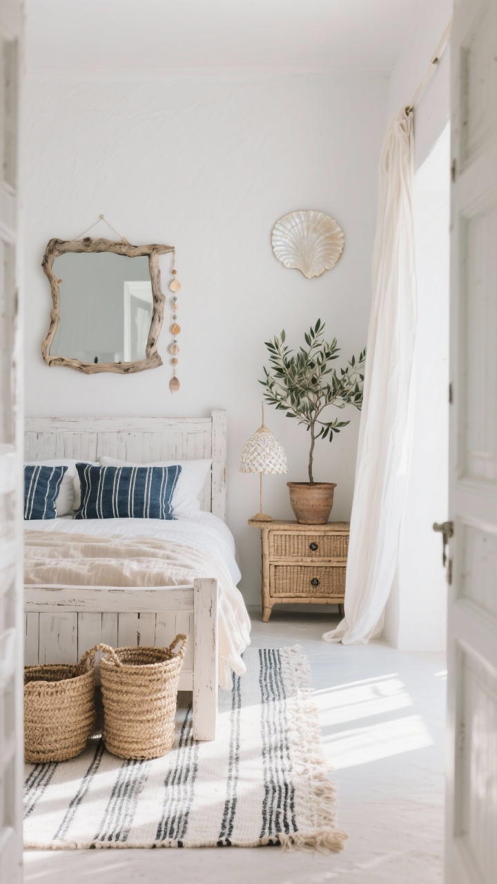 Photorealistic wide-angle coastal bedroom, “Coastal Nomad Light”: chalky white walls, whitewashed wood bed with airy gauze duvet, pale sand sheets, and indigo mudcloth pillows; striped flatweave rug in ivory and slate beneath; cane-front dresser on one side; woven seagrass baskets tucked under the bed; potted olive tree adding a Mediterranean whisper; delicate capiz shell lamp shimmering softly; driftwood-framed mirror, shell beads hanging on a hook, and a single linen curtain panel moving with light; bright, sea-washed atmosphere with soft, reflective highlights; captured from a doorway corner for a breezy, open feel.