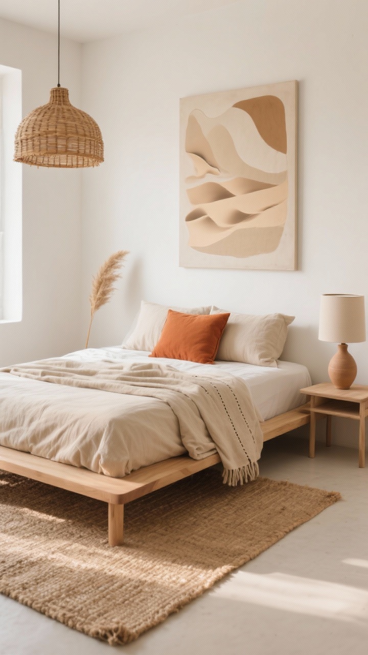 Photorealistic wide bedroom shot, “Desert Dunes Calm”: warm white walls, low-profile oak platform bed with rounded corners dressed in a beige linen duvet, terracotta throw pillows, linen euro shams, and a cotton throw with stitched details; flat-woven jute rug grounding the space; single oversized abstract art in sandy tones above the bed; woven rattan pendant casting soft, dusk-like shadows; neutral ceramic lamp on a simple nightstand with a tiny clay vessel and a single pampas grass stem; palette of sun-bleached neutrals with hints of clay; serene, grounded mood; natural daylight with gentle warm highlights; no clutter, minimal styling; straight-on perspective.