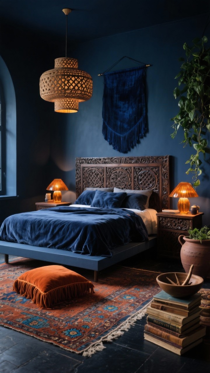 Photorealistic wide bedroom shot, “Midnight Oasis With Carved Wood & Velvet”: deep indigo walls; low-profile platform bed with a hand-carved dark teak headboard spanning the wall; charcoal linen sheets and a plush midnight-blue velvet duvet; oversized rattan pendant lights casting patterned shadows; amber glass bedside lamps with a subtle warm glow; Persian-style rug in rust and blue on a dark floor; stacked ceramics, vintage books, and a shallow bowl with palo santo on low night tables; fringe-trimmed cushions in burnt orange and peacock; large dip-dyed indigo wall hanging; trailing pothos in a clay pot; moody, tactile, intimate ambience with dim lighting, corner angle.