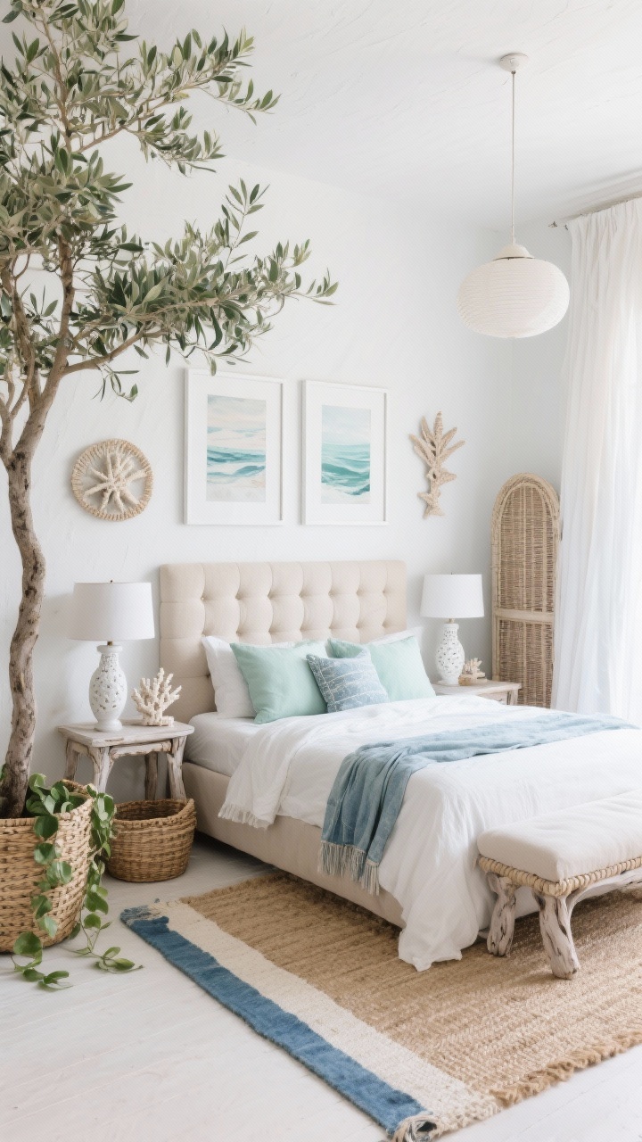 Wide, airy Coastal Boho Breeze: bright master bedroom with white plaster walls and sheer curtains billowing; tufted linen headboard in soft oatmeal; bleached driftwood bedside tables; bed dressed in lightweight stonewashed linen with sea-glass-toned pillows (seafoam, faded denim); a wide jute rug with a blue-and-cream runner layered at bedside; rope-wrapped lamp bases and glossy white ceramic pendants; woven baskets, coral sculptures, and coastal abstract art in white frames on the wall; greenery includes a large olive tree in a woven planter and trailing pothos; caned wardrobe and a linen slipcovered bench at the foot; fresh, airy, subtly nautical; photorealistic, corner angle with emphasis on textures and natural light.