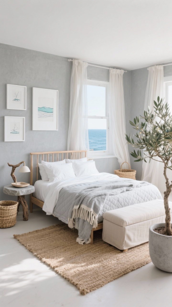 Wide, airy corner angle, Coastal Cloud: an open, light-filled boho bedroom with pebble grey walls and a light oak slatted bed frame; bedding feels cloudlike—white percale sheets, dove-grey quilt, loose fringed throw; jute and wool rug anchoring the space; sheer curtains billowing slightly by the window suggesting a sea breeze; driftwood table lamp on the nightstand beside a smooth stone tray; palette of grey, sand, white, and soft sea-glass blue accented in minimal coastal line drawings in white frames; seagrass baskets and a linen-upholstered storage bench at the foot of the bed; an olive tree in a concrete planter; soft natural daylight, breathable and relaxed; photorealistic.