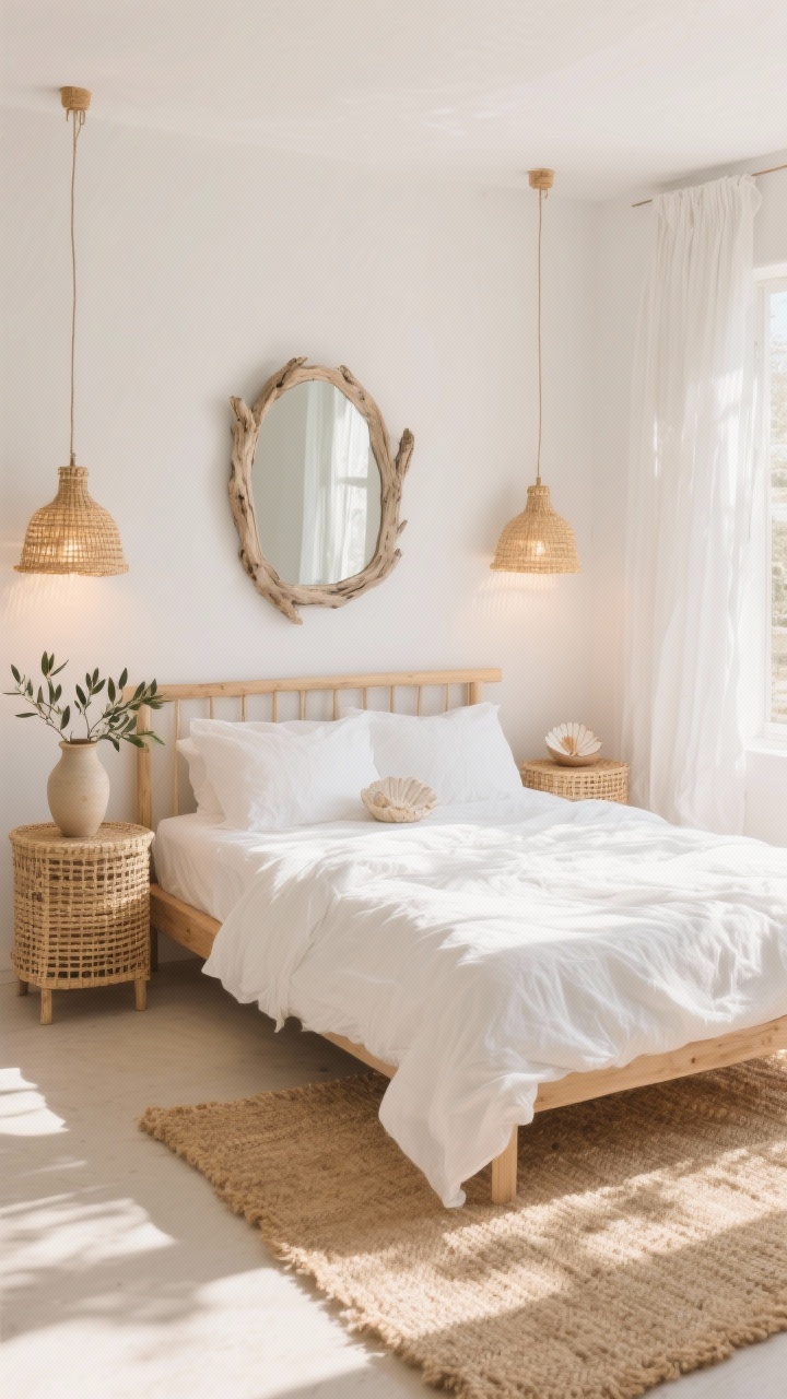 Wide room shot, Coastal Nomad boho white bedroom: sunlit space with white linen bedding and a softly rumpled white duvet on a light oak/bleached wood bed frame; woven rattan nightstands on both sides with basket pendant lights hanging above each, casting warm, soft pools of light; a large driftwood-style mirror on the wall; a broad jute rug running under the bed and extending out on both sides; airy white curtains billowing slightly; a ceramic jug with olive branches and a small seashell bowl as accents; color palette of warm whites, sandy beige, and sunwashed wood; textures of linen, jute, rattan, and seagrass; photorealistic, golden-hour natural light, straight-on view.