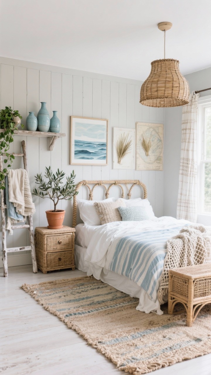 Wide room shot, Coastal-Washed Cottage Boho: soft greige walls, whitewashed panel bed with rumpled white linen; sandy jute rug layered under a faded blue striped kilim; shiplap accent wall behind the bed; rope and rattan accents including a rattan drum pendant and woven nightstand; cane-front dresser, gauzy curtains, waffle-weave throw; palette of seafoam, driftwood, oat, and fog blue; abstract ocean prints, vintage nautical maps, and pressed sea grasses as art; olive tree in a terracotta pot and trailing pothos on a shelf; weathered ladder with blankets and a cluster of ceramic vases in soft blues; bright, airy natural light, slight corner perspective, photorealistic, no people.