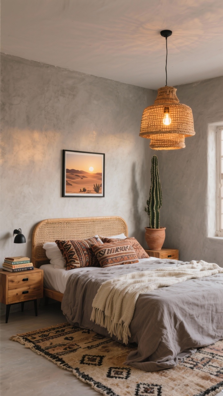 Wide room shot, Desert Nomad: a boho bedroom at golden hour with soft misty grey plaster-look walls, a low-profile rattan headboard bed dressed in muted clay linen sheets, gauzy grey duvet, chunky cream throw, and pillows in ikat and mudcloth prints; woven pendant with a warm Edison bulb casting amber light; faded Moroccan-style rug in sand and charcoal tones; mango wood nightstands with matte black pulls holding a small stack of vintage travel books; thin black-framed sun-drenched desert photography above the bed; a tall cactus in a clay pot; overall palette of misty grey, terracotta, clay, rust, cream; earthy, edited, warm glow; no people; photorealistic, shot from a corner angle to capture depth.