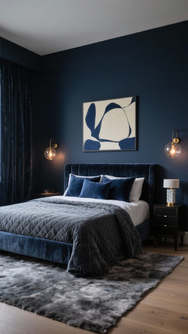 Wide room shot, straight-on view: A Midnight Velvet Retreat bedroom with deep inky navy matte-painted walls and a low-profile charcoal velvet upholstered bed. The bed is layered with a plush quilted duvet and oversized pillows in midnight blue and steel gray. A thick smoke-colored wool rug covers the floor. Soft, cinematic lighting: smoked-glass globe sconces with dimmable warm bulbs flank the bed, plus a small marble table lamp with a brass base on a narrow black-stained wood dresser. A single oversized abstract print in cream and dark blue hangs as a focal point. Velvet blackout curtains puddle slightly on the floor. Photorealistic, moody, warm glows, rich textures of velvet, wool, smoked glass, and matte paint.