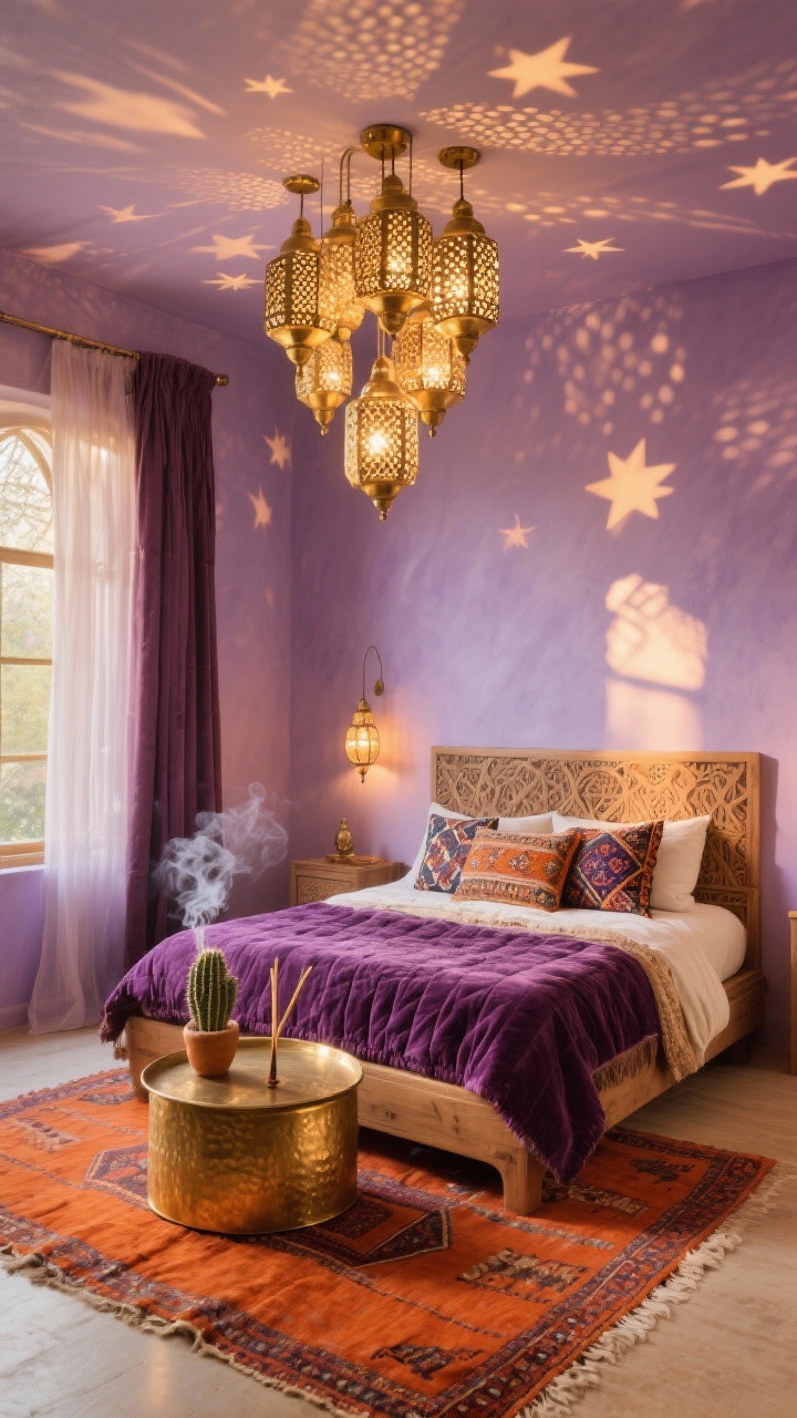 Wide room shot, straight-on view: A Moroccan-inspired boho bedroom glowing like golden hour. Soft amethyst wash walls, low-profile carved wood bed layered with a plum velvet quilt and mismatched suzani pillows. Overhead cluster of perforated brass lanterns casting starry shadows on walls and ceiling. Burnt-orange Berber rug on the floor, sheer mulberry curtains lightly puddling at the windows. Include a hammered-brass tray table holding a tiny cactus and a thin stick of incense with faint smoke. Palette: amethyst, plum, brass, burnt orange, cream. Photorealistic, warm ambient lantern light with gentle shadow play.