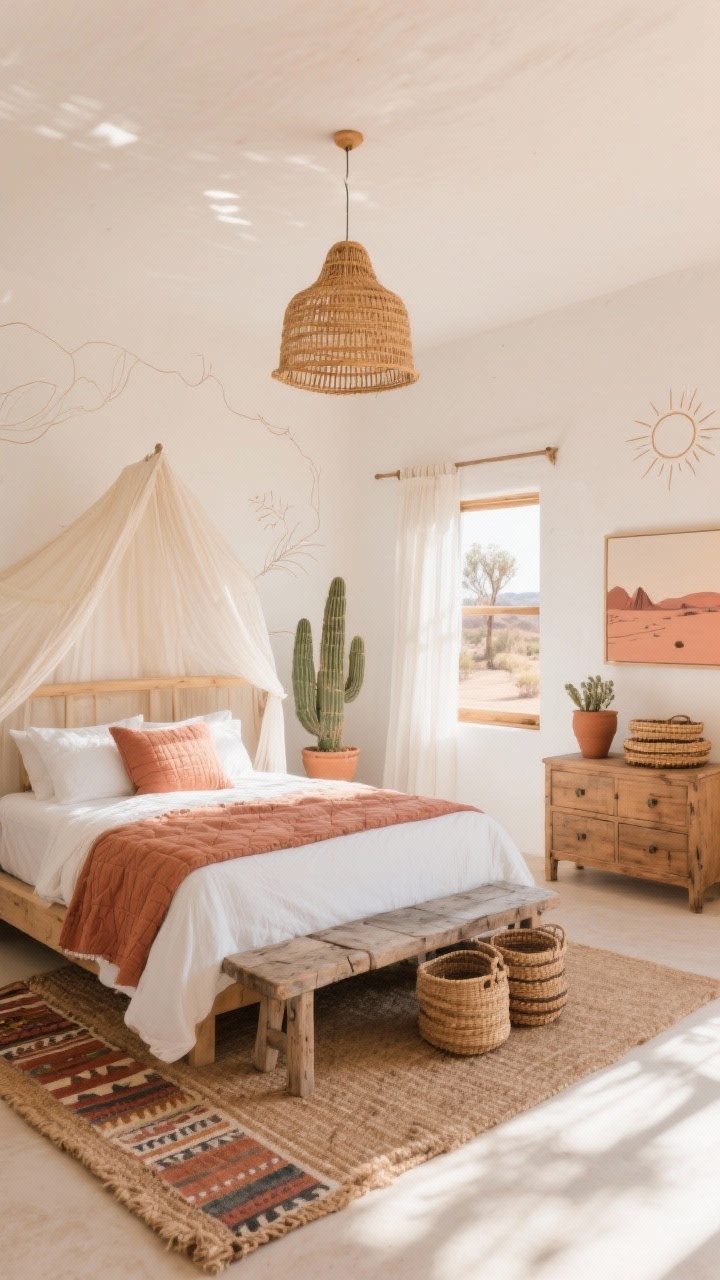 Wide room shot, Sunlit Desert Farmhouse bedroom: warm white walls, light oak canopy bed with crisp white linen sheets, clay-colored quilt, gauzy cream canopy drape softly fluttering from an open window; kilim runner at the foot of the bed atop a woven jute rug, distressed pine bench, vintage-finish pine dresser with stacked woven baskets; palette of terracotta, sand, muted coral; desert landscape art and sun symbols on the walls, simple line drawings; drought-friendly faux cacti in clay pots; rattan pendant casting soft, dappled shadows for a golden-hour, sun-drenched mood, photographed from a bright corner angle, photorealistic, no people.