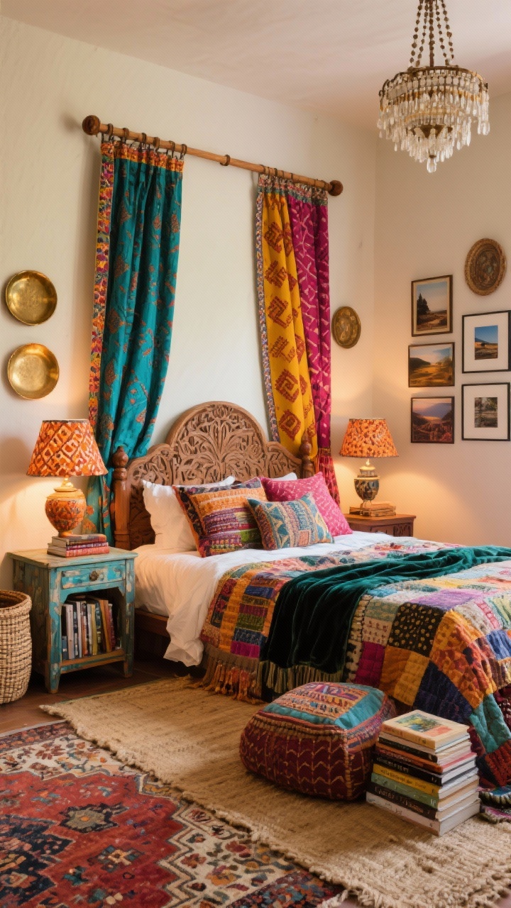 Wide shot, Eclectic Global Collector: maximalist boho bedroom bursting with color and texture; block-printed curtains in jewel tones (teal, marigold, raspberry) with a contrast border, hung on a wood rod with carved finials; creamy off-white walls; carved teak headboard; bed layered with kantha quilts, suzani pillows, and a velvet throw; mismatched side tables—one painted, one carved—each with warm patterned lampshades; gallery wall of travel photos; brass trays and handwoven baskets styled around the room; layered rugs: vintage Persian over a larger neutral jute; beaded chandelier overhead; low floor-cushion reading corner with a stack of art books; rich, ambient evening lighting; corner perspective, photorealistic.