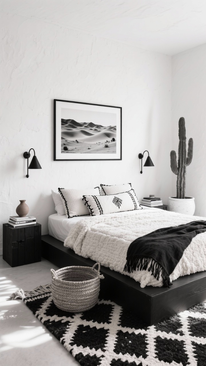 Wide shot, Monochrome Desert Oasis: A photorealistic black-and-white boho bedroom with a crisp white limewash wall catching natural light, a low-profile black platform bed centered, topped with a chunky textured ivory bouclé duvet, off-white linen throw pillows with black whipstitch edges, and a long lumbar pillow with subtle geometric embroidery. Underfoot, a handwoven Moroccan-style black-and-cream rug with diamond motifs. Slim black wood cube nightstands hold stacked art books and a tiny clay vase; black metal sconces with cone shades flank the bed. A large black-and-white photographic print of desert terrain in a thin black frame hangs above. Add a woven palm basket beside the bed, a white ceramic pot with a tall cactus, and a black fringed throw at the foot. Clean, minimal, airy desert mood with soft shadows; straight-on perspective.