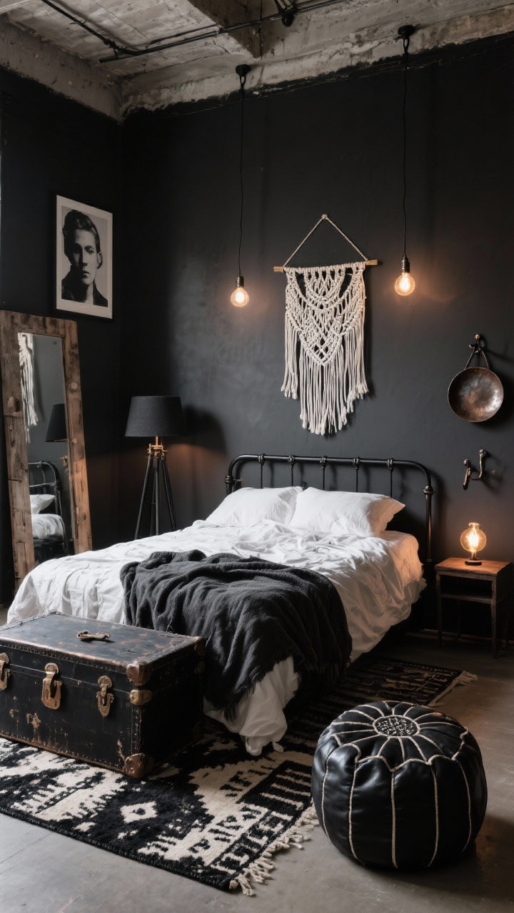 Wide shot, Moody Boho Loft With Vintage Edge: A dramatic bedroom with charcoal walls and layered lighting. A weathered black metal bed is dressed in crinkled white linen and a heavy charcoal blanket. Beside it, a distressed black trunk serves as a nightstand with Edison-bulb pendants hanging above; a black tripod floor lamp glows in the corner. On the floor, a faded black-and-ivory kilim rug; a reclaimed wood mirror leans against the wall. Accents include a black leather pouf, iron wall hooks with a hammered metal tray. A macramé wall hanging in soft white introduces boho softness. Oversized black-and-white portrait art provides graphic focus. Moody, cinematic lighting with deep shadows and warm highlights; corner angle emphasizing depth.