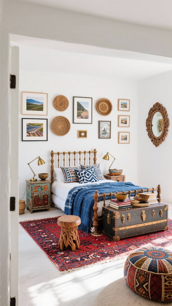Wide shot, slight overhead from doorway: A global eclectic bedroom with crisp white walls as a gallery backdrop; carved wood/spindle bed layered in global textiles—indigo throws, suzani pillows, block-printed shams—and a bold vintage rug in reds and blues; mismatched antique nightstands on each side with aged brass task lamps; curated gallery wall mixing framed travel photographs, woven baskets, and a small mirror cluster; a trunk/vintage chest at the foot; artisan accents including a hand-carved stool, ceramic bowls, stacked books, and a patterned pouf. Photorealistic, bright natural daylight, collected and lived-in.
