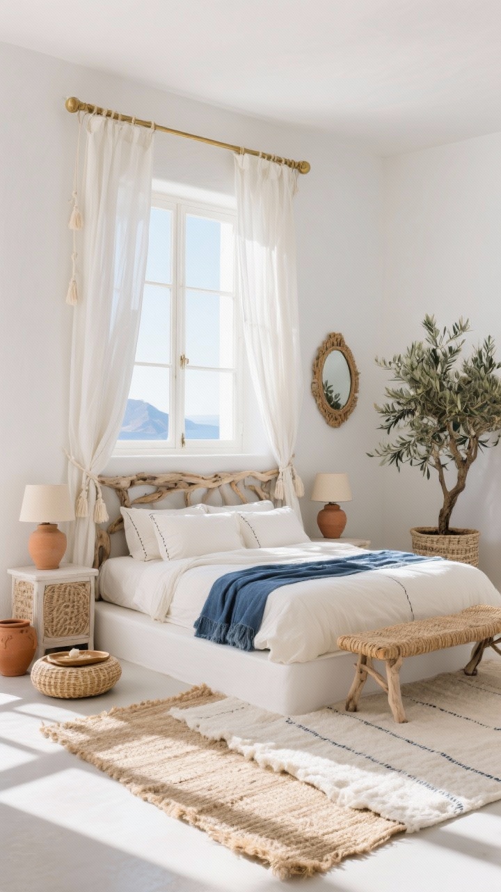 Wide shot, Sunlit Santorini Boho bedroom: a bright Mediterranean-inspired room with gauzy white cotton curtains with subtle tassel trim billowing at open windows, hung high and wide on a brushed brass rod; chalky white walls; cream linen bedding with a stitched indigo throw; a carved natural wood headboard; low-profile platform bed; whitewashed nightstands topped with ceramic lamps with sandy matte bases; woven rush bench at the foot; rope mirror on the wall; terracotta pots and a bleached rattan tray on a nightstand; layered rugs: flatweave jute over a thin ivory cotton rug; an oversized olive tree in a textured planter; palette of white, sand, driftwood, indigo accents; airy daytime lighting with sun pouring in; corner angle perspective, photorealistic.