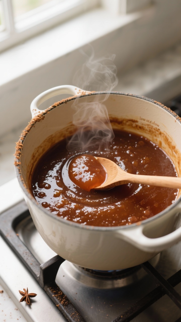 Close-up cooking process: thick, glossy apple butter reducing uncovered in a heavy enameled Dutch ov