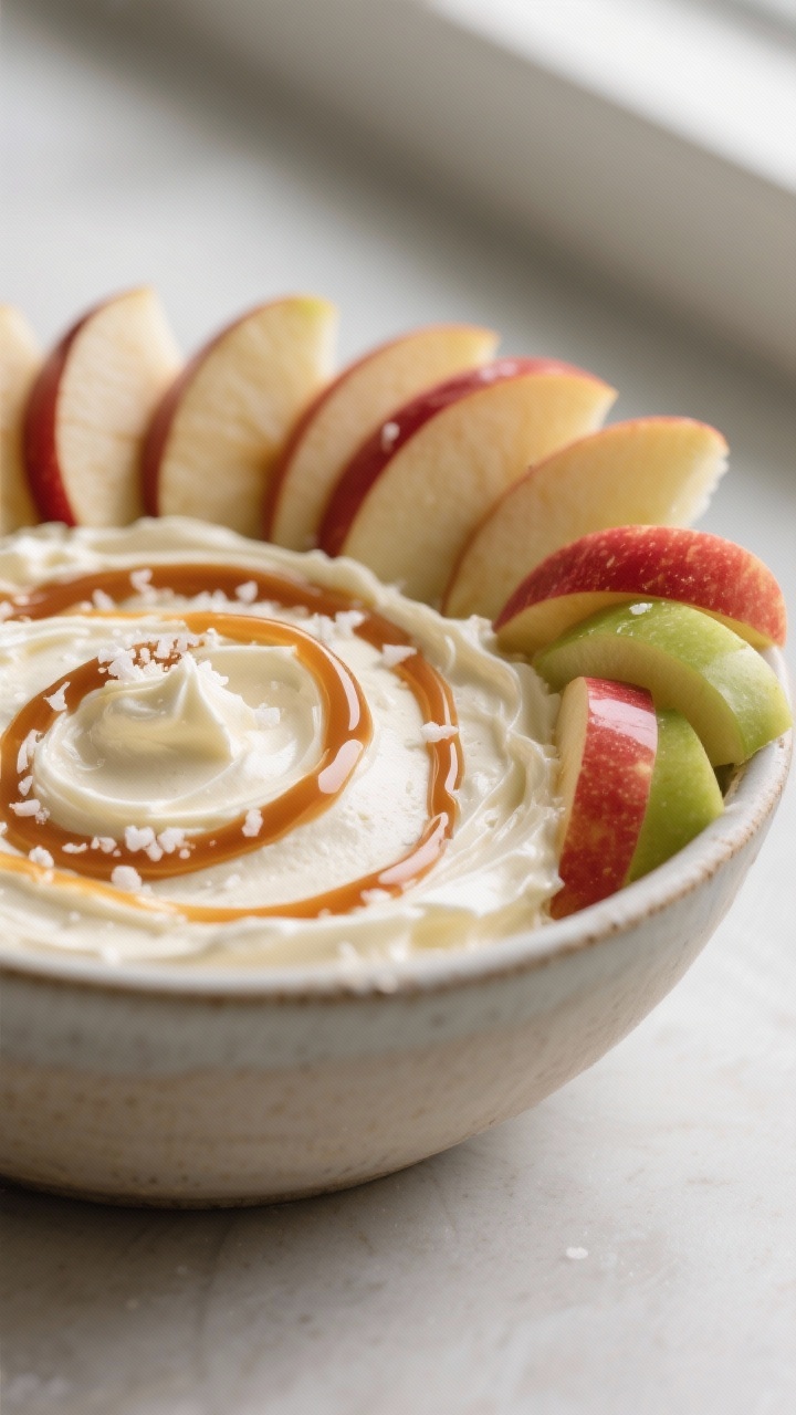 Close-up detail: A creamy apple dip made with whipped cream cheese, brown sugar, and a hint of vanil