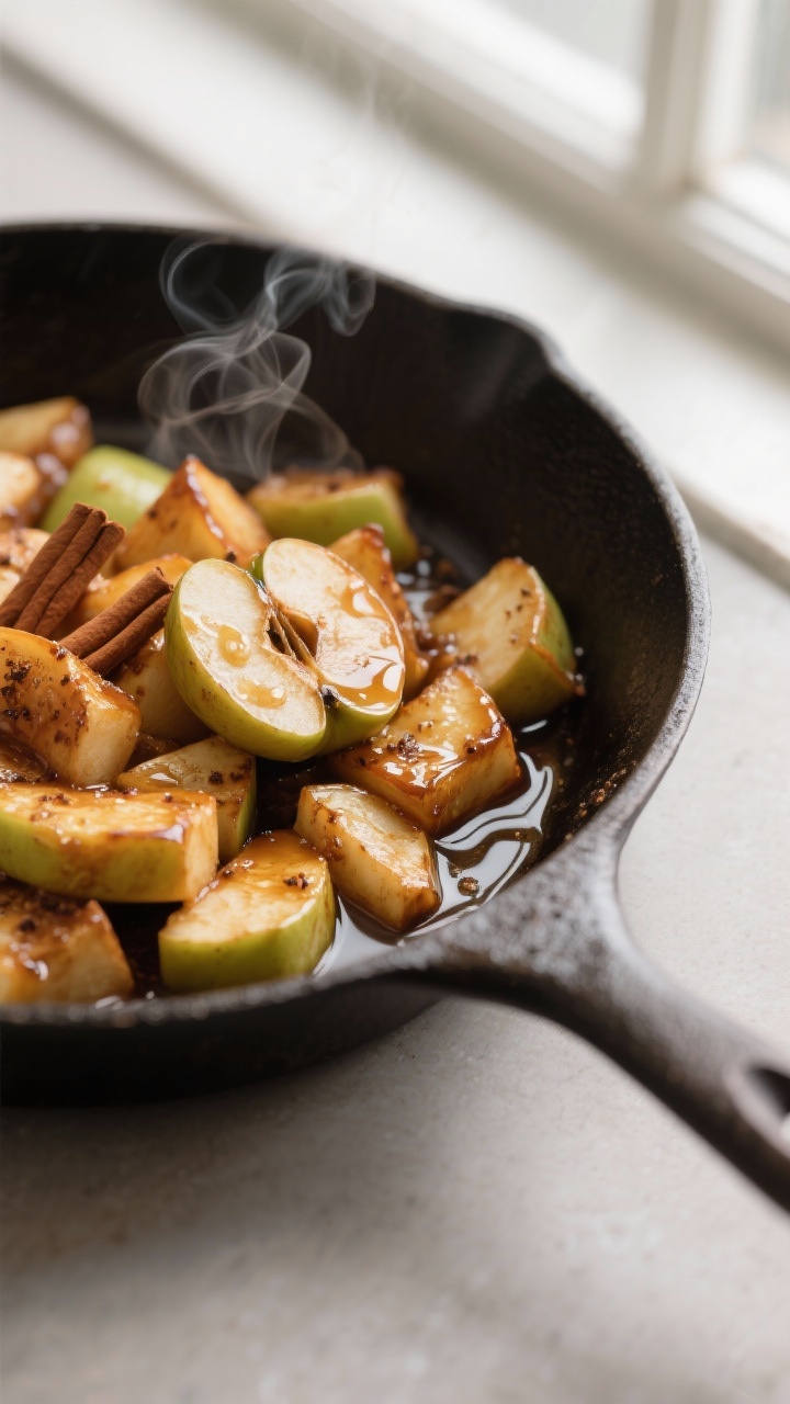 Close-up detail, cooking process: A cast-iron skillet of caramelized apple chunks (Honeycrisp/Granny