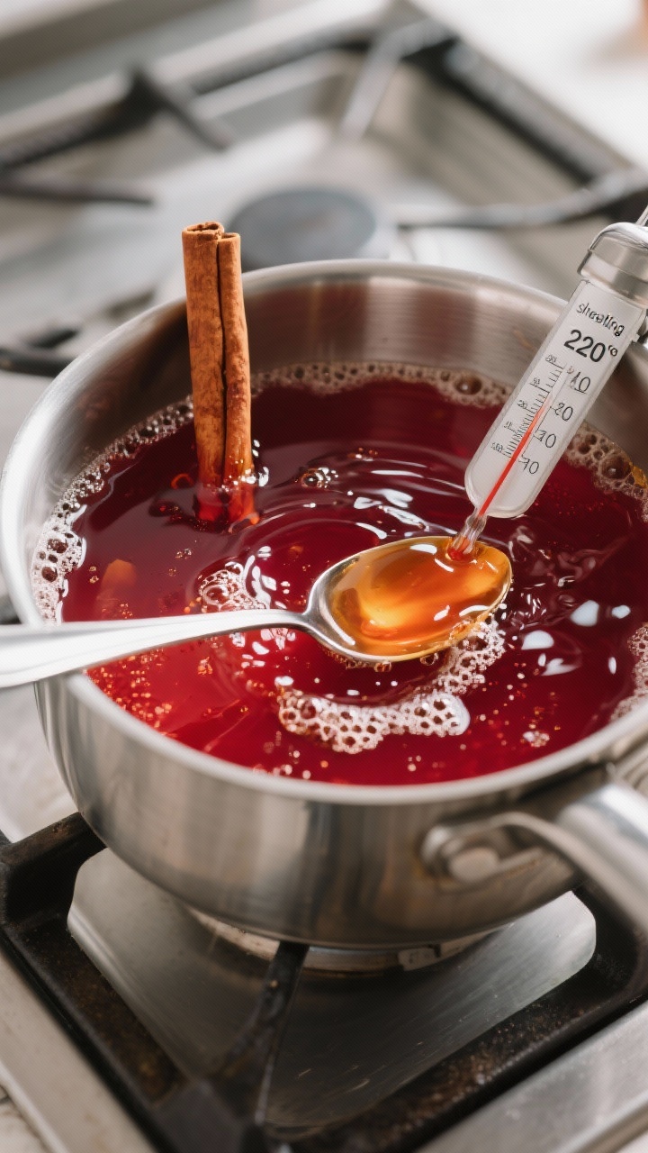 Close-up detail/cooking process: Apple jelly at a rolling boil in a wide, shallow stainless pot, glo