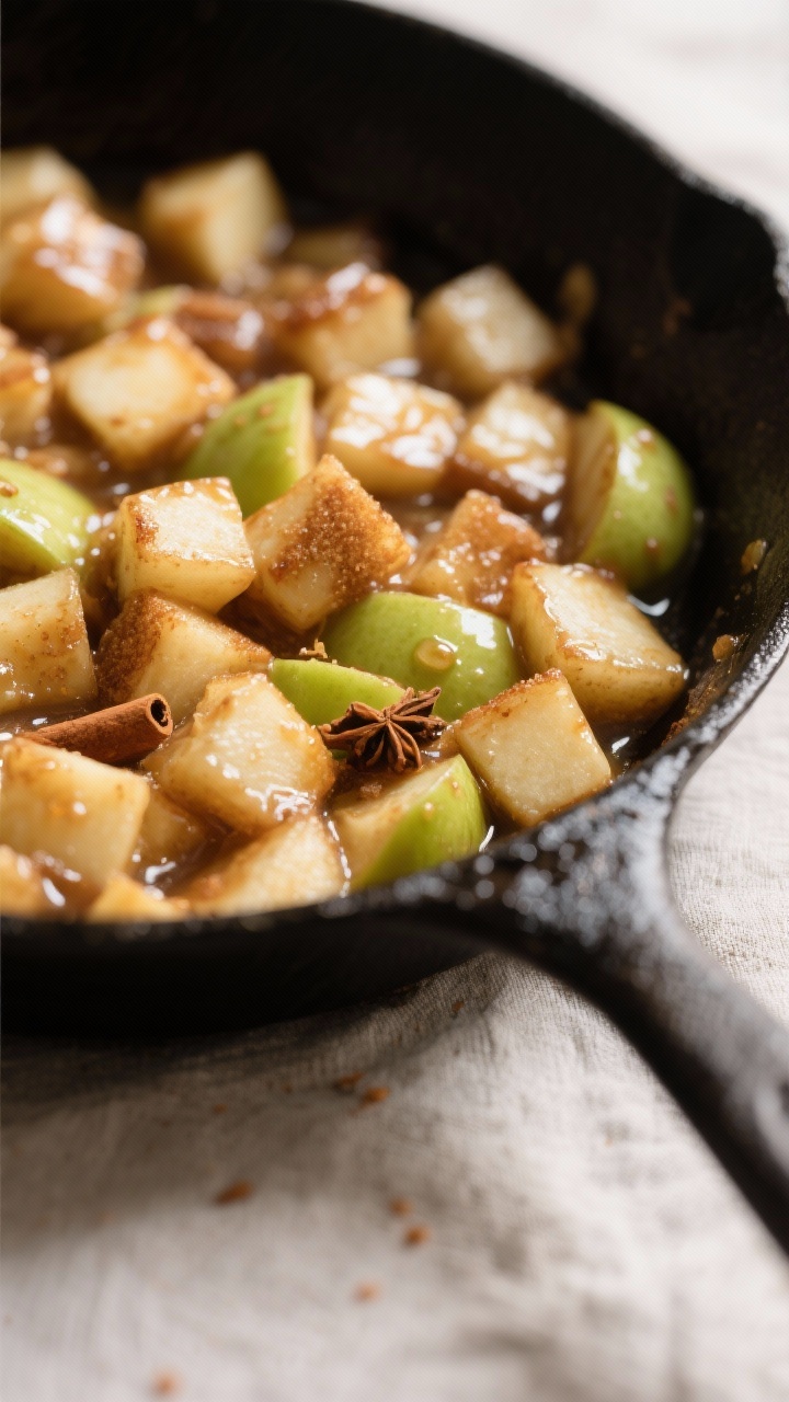 Close-up detail, cooking process: In-skillet apple pie cookie filling just finished cooking—diced