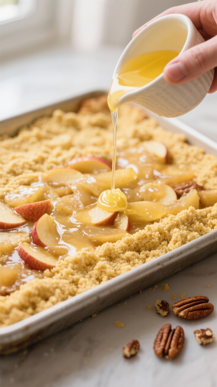Close-up detail, cooking process: Melted butter being drizzled in a slow, even stream over a uniform