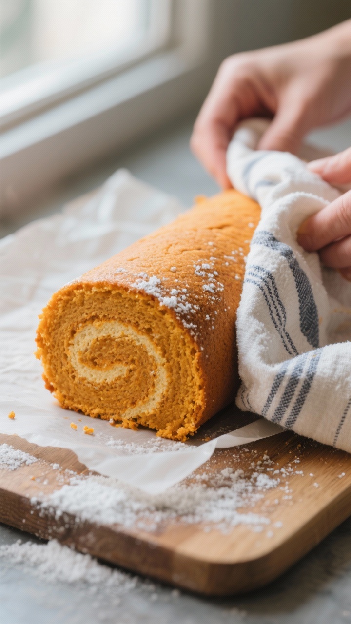 Close-up detail/cooking process: Warm pumpkin sponge just out of the oven being rolled up in a powde
