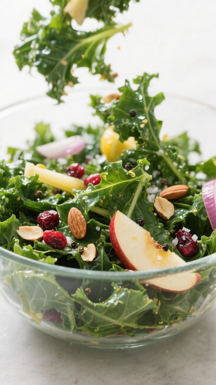 Close-up detail: Massaged kale salad mid-toss in a wide glass bowl, glossy emerald-green chiffonade