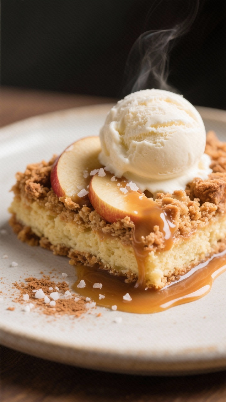 Close-up detail of a single salted caramel apple crumble bar plated warm with a scoop of vanilla ice