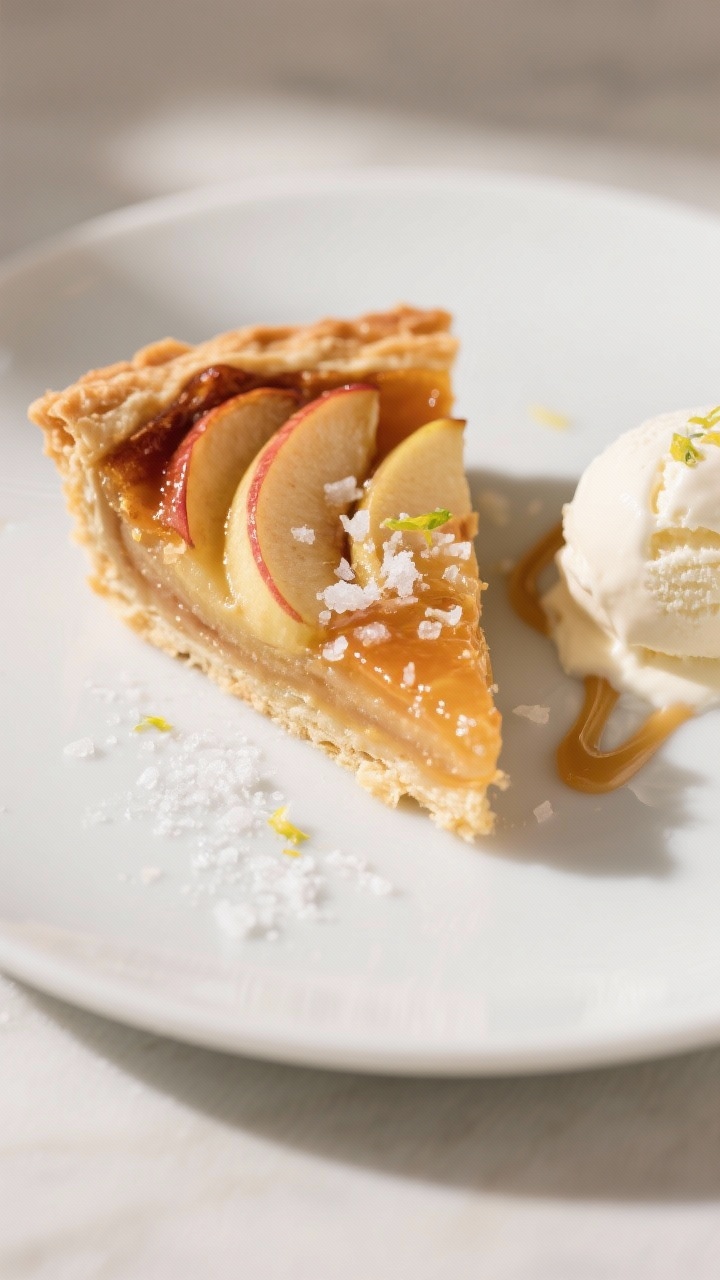 Close-up detail of a single slice of apple tart plated on a matte white dessert plate, the flaky, bu