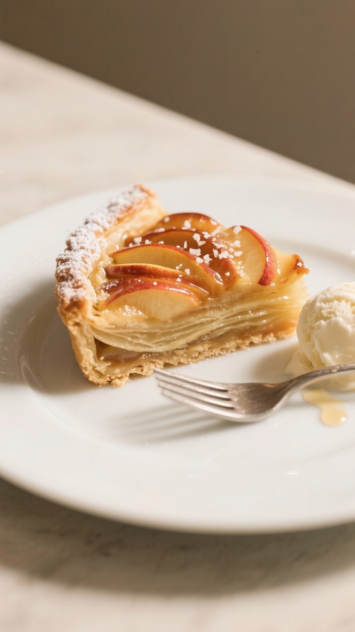 Close-up detail of a sliced, plated apple tart portion on a matte white plate, showcasing ultra-flak