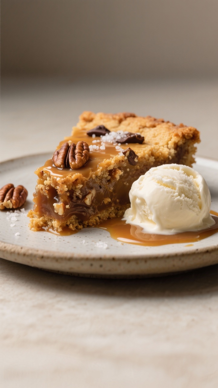 Close-up detail of a warm square of pecan pie dump cake plated with a scoop of melting vanilla ice c