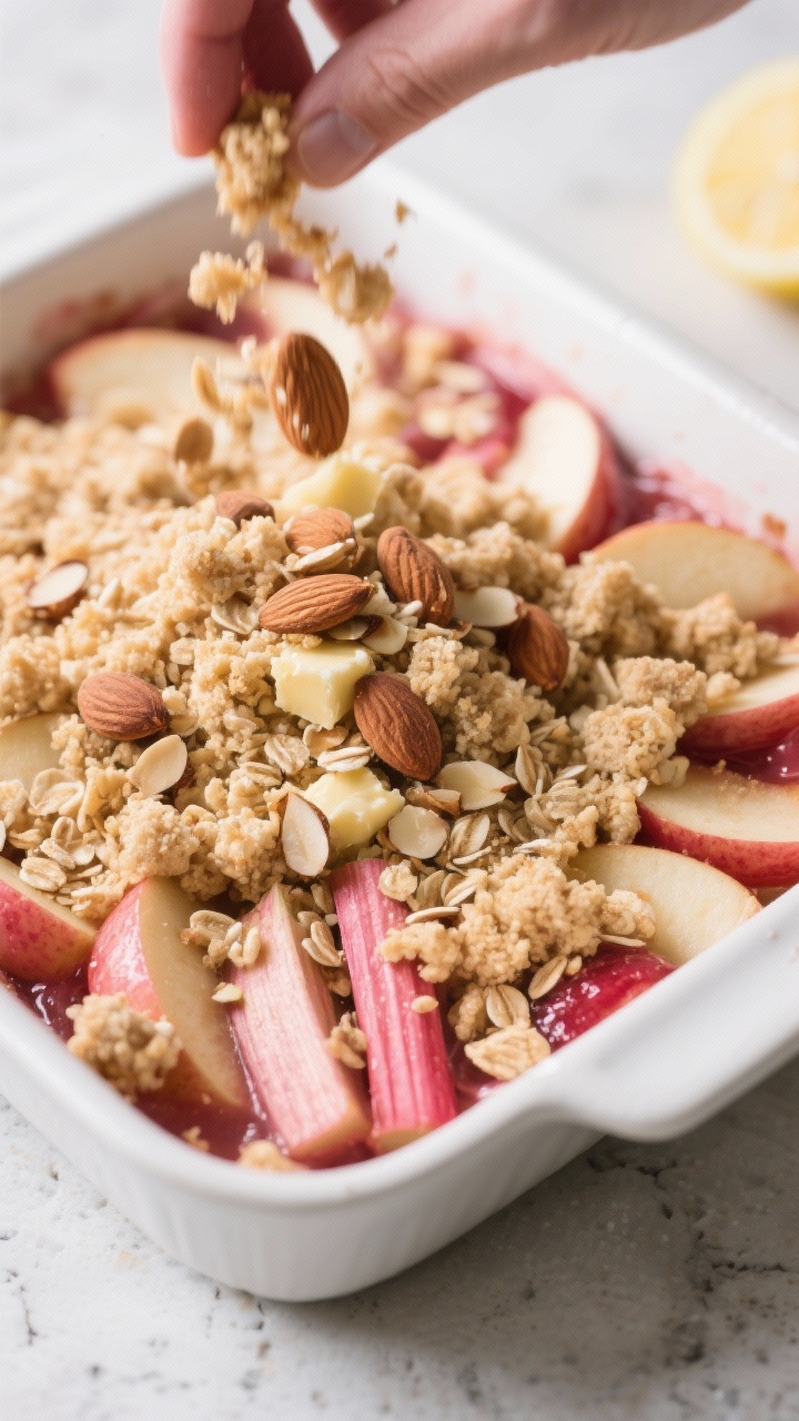 Close-up detail of the crumble topping being scattered over the fruit filling in the baking dish—f