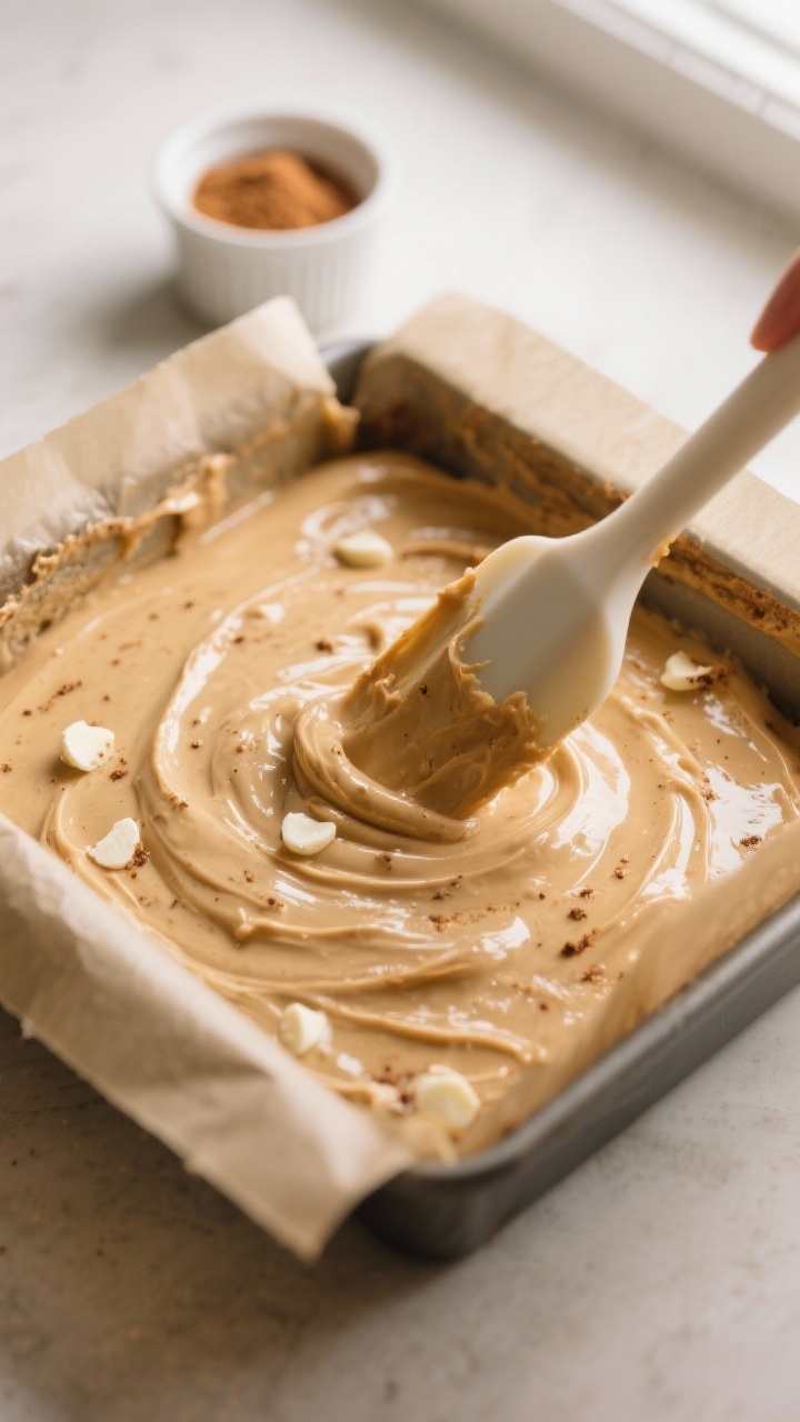 Close-up detail/process shot: Thick blondie batter being nudged into the corners of a parchment-line