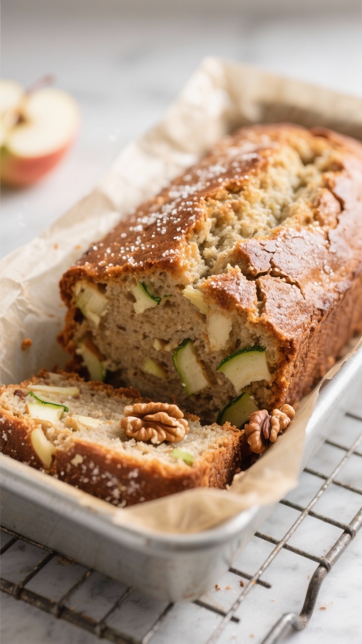 Close-up detail shot: A freshly baked apple zucchini bread loaf just lifted from a parchment-lined 9