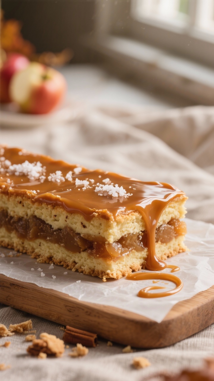 Close-up detail shot: A tight macro of a sliced Salted Caramel Apple Bar on a parchment-lined board,