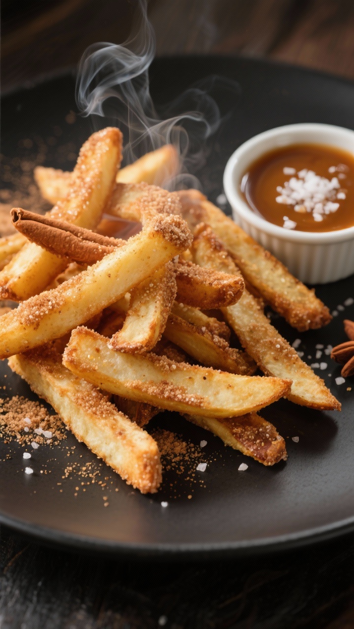 Close-up detail shot: A warm pile of freshly cooked apple fries dusted with a sparkly cinnamon-sugar