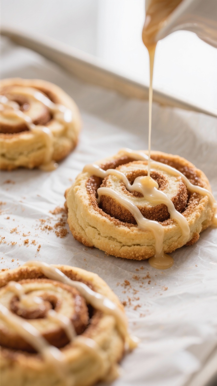 Close-up detail shot: Freshly baked cinnamon roll cookies just out of the oven on a parchment-lined
