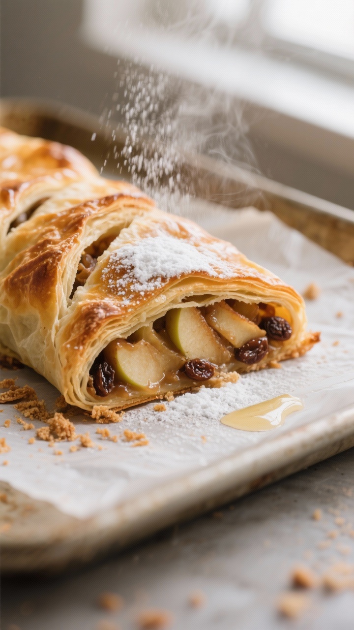 Close-up detail shot of a freshly baked apple strudel just out of the oven, seam-side down on parchm