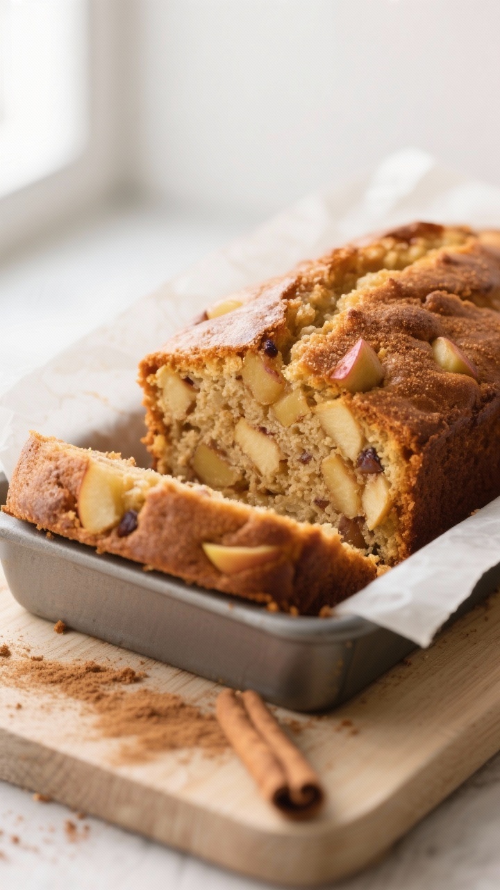 Close-up detail shot of freshly baked apple loaf cake just lifted from a parchment-lined 9x5-inch pa