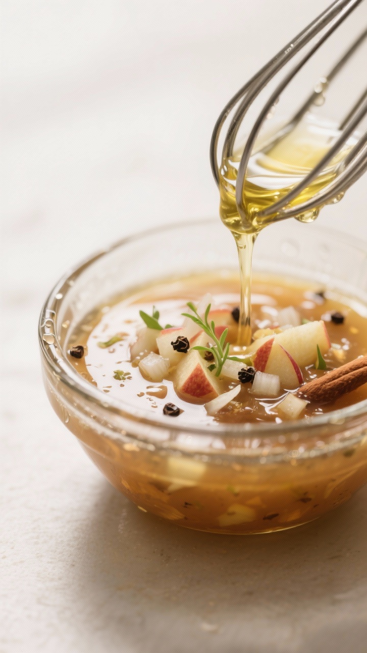 Close-up detail shot of freshly emulsified apple vinaigrette in a small glass bowl: glossy, slightly