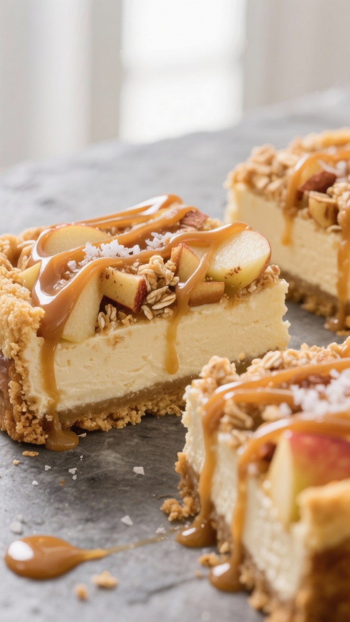 Close-up detail shot of sliced caramel apple cheesecake bars just after chilling and slicing: focus