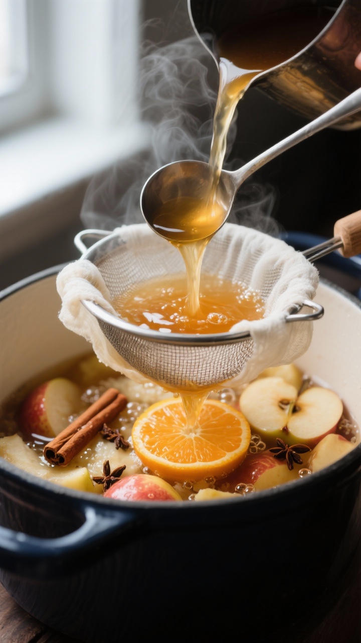 Close-up detail shot of steaming homemade apple cider being strained: amber-gold liquid pouring thro